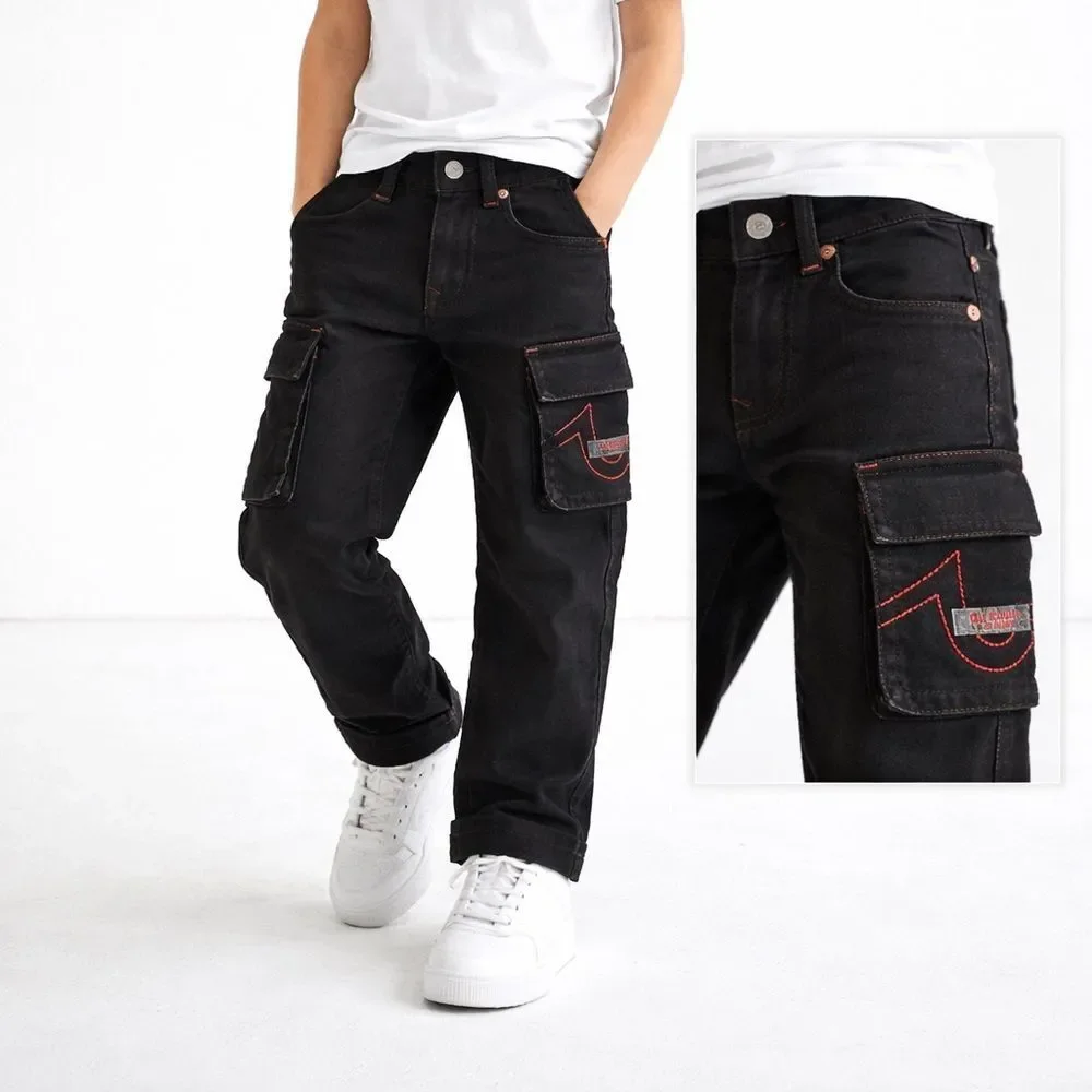 True Religion Black Kids Cargo Jeans with Red Stitching Sz 6 NWT